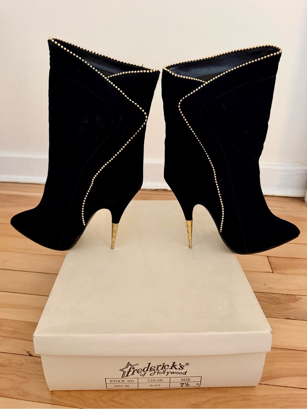 Frederick's of Hollywood Faux Black Suede Ankle Booties with Gold Stud Trim